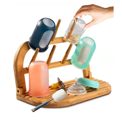 Portable Baby Bottle Drying Rack – Bamboo Rack + Bottle Brush